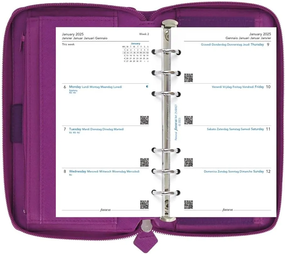 Filofax Saffiano Zip Organizer, Personal Compact Size, Rasperry - Cross-Grain, Leather-Look, Six Rings, Week-to-View Calendar Diary, Multilingual, 2025 (C022535-25)