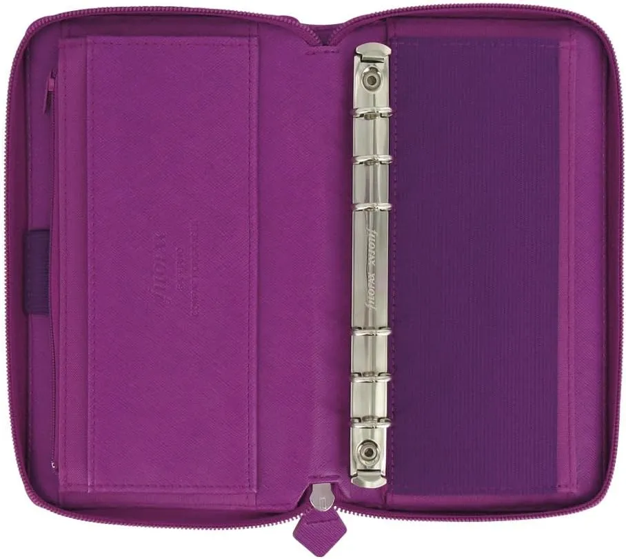 Filofax Saffiano Zip Organizer, Personal Compact Size, Rasperry - Cross-Grain, Leather-Look, Six Rings, Week-to-View Calendar Diary, Multilingual, 2025 (C022535-25)