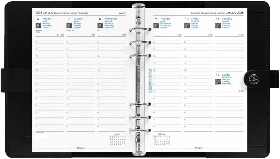 Filofax The Original Organizer, A5 Size, Black - Leather, Six Rings, Week-to-View Calendar Diary, Multilingual, 2025 (C022509-25)