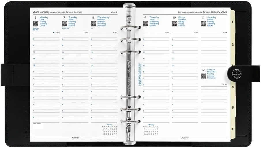 Filofax The Original Organizer, A5 Size, Black - Leather, Six Rings, Week-to-View Calendar Diary, Multilingual, 2025 (C022509-25)