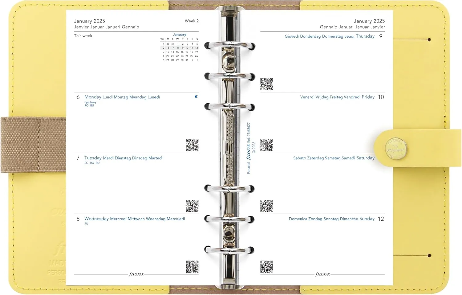 Filofax The Original Organizer, Personal Size, Lemon - Leather, Six Rings, Week-to-View Calendar Diary, Multilingual, 2025 (C026070-25)