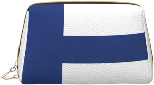 Finnish flag Leather cosmetic bag, portable travel cosmetic bag, large capacity cosmetic storage bag with pockets,