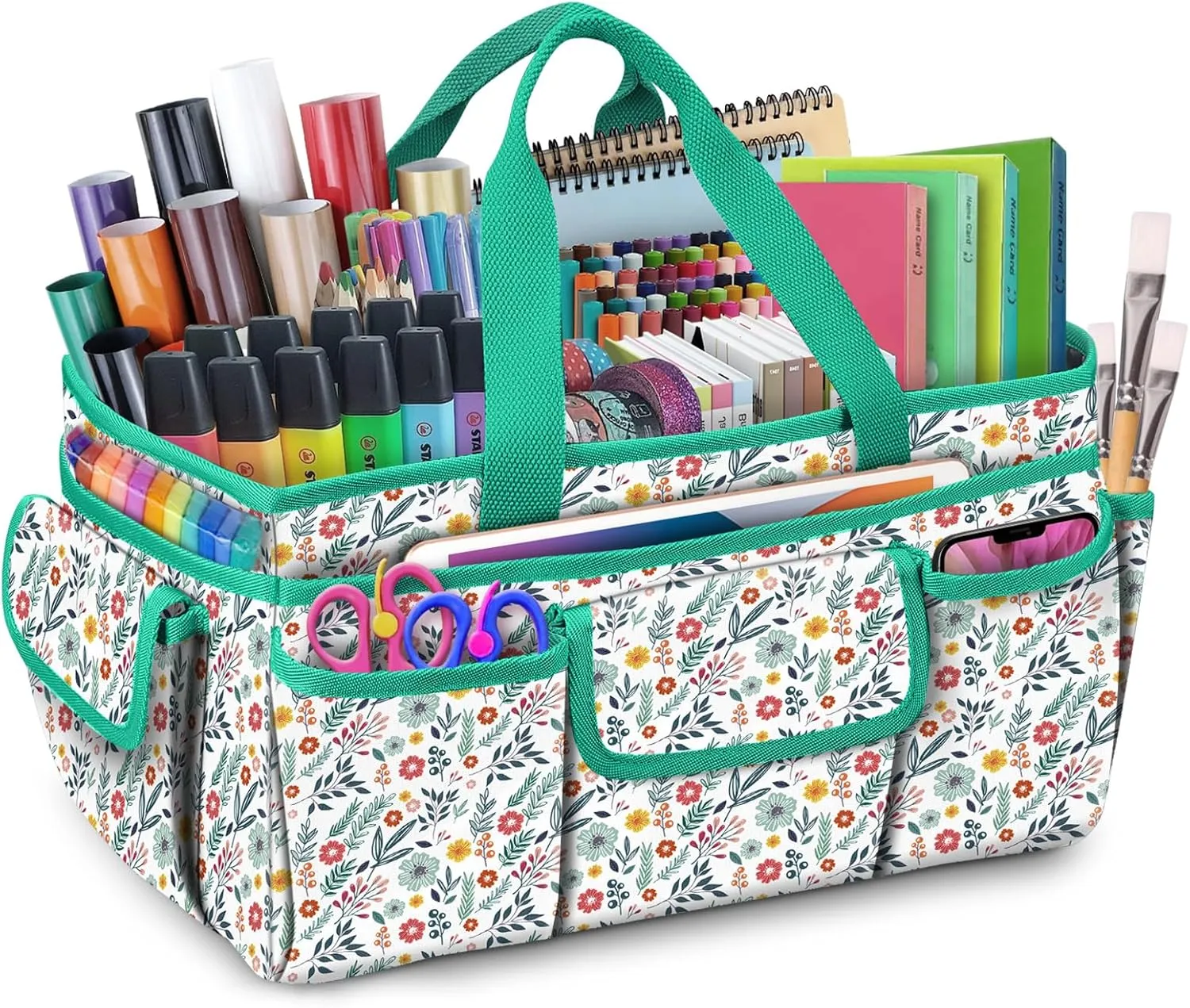 FINPAC Craft Storage Tote Bag with Multiple Pockets, Scrapbooking Carrying Case Storage Caddy with Handle for Sewing, Art, Desktop, Baby Care Supplies (Spring Bloom)