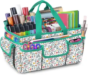 FINPAC Craft Storage Tote Bag with Multiple Pockets, Scrapbooking Carrying Case Storage Caddy with Handle for Sewing, Art, Desktop, Baby Care Supplies (Spring Bloom)