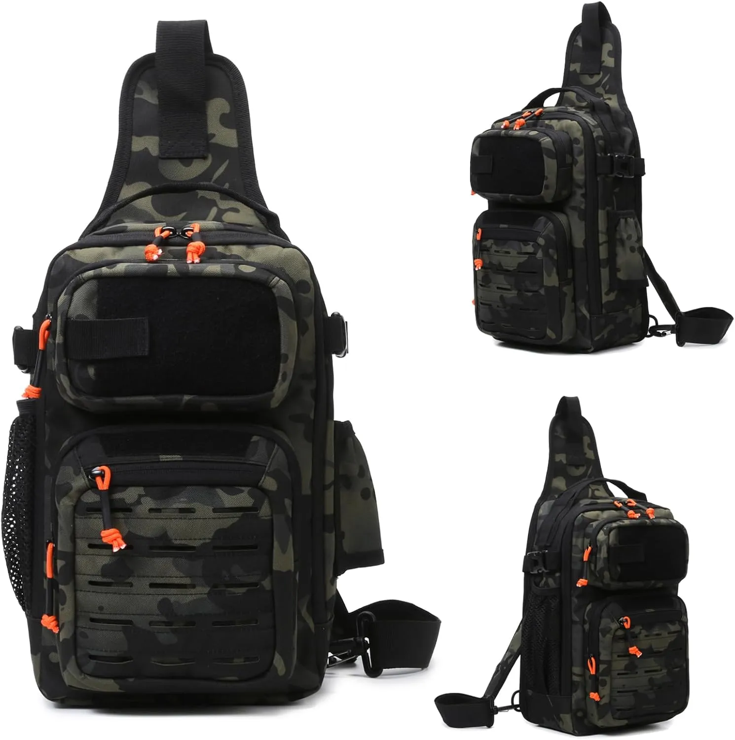 Fishing Backpack, 12L Tackle Storage Sling Bag Lightweight Tactical Shoulder Backpack Tool Bag with US Flag Patch and Fishing Plier (1 Pack Gray Camo)