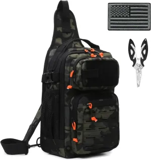 Fishing Backpack, 12L Tackle Storage Sling Bag Lightweight Tactical Shoulder Backpack Tool Bag with US Flag Patch and Fishing Plier (1 Pack Gray Camo)