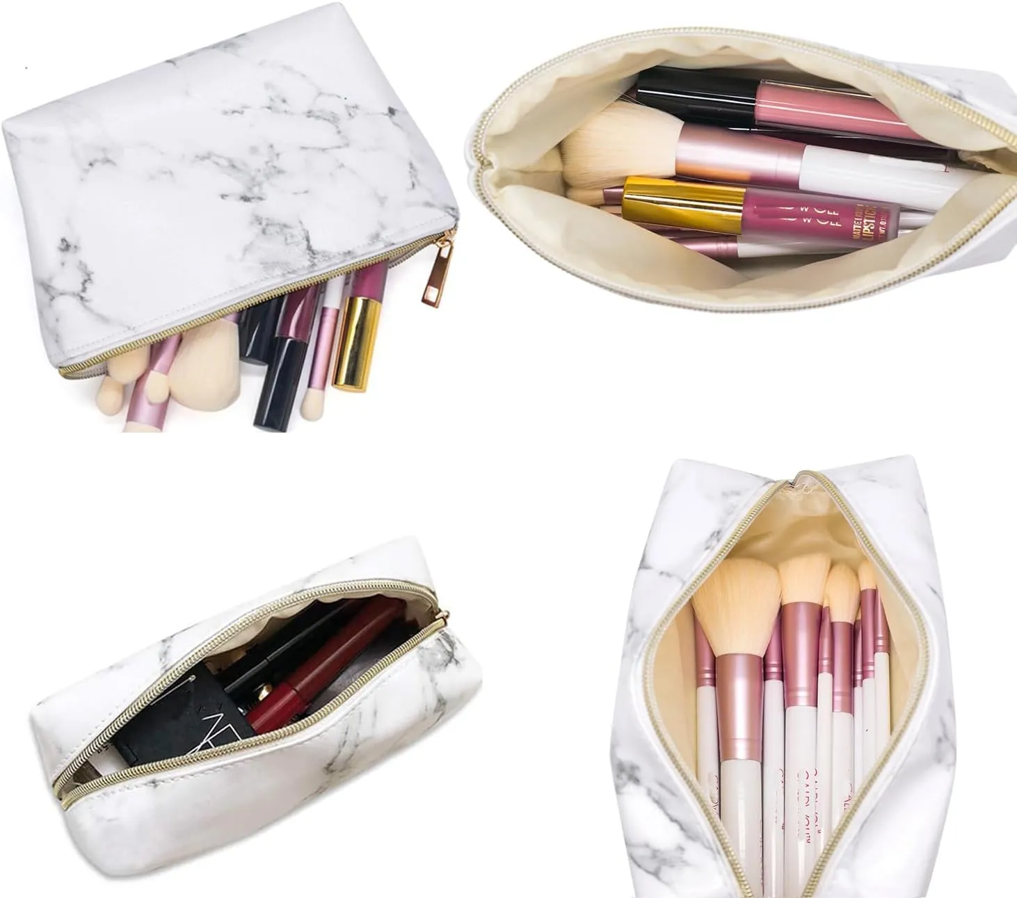 FITINI 3 Pieces Makeup Bags Marble Double Layer Travel Large Cosmetic Cases Organizer Toiletry Bags Waterproof Small Zipper Pouch for Women Makeup Brush Storage Bag,White