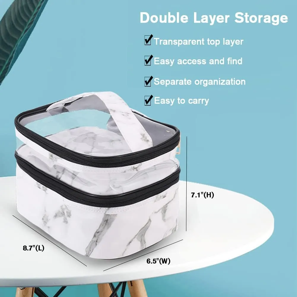 FITINI 3 Pieces Makeup Bags Marble Double Layer Travel Large Cosmetic Cases Organizer Toiletry Bags Waterproof Small Zipper Pouch for Women Makeup Brush Storage Bag,White