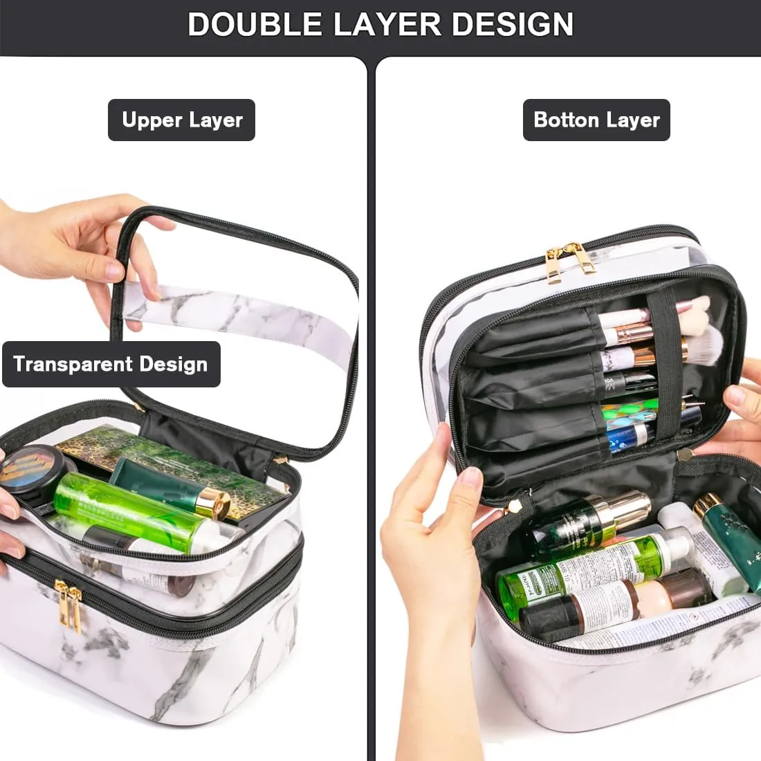 FITINI 3 Pieces Makeup Bags Marble Double Layer Travel Large Cosmetic Cases Organizer Toiletry Bags Waterproof Small Zipper Pouch for Women Makeup Brush Storage Bag,White