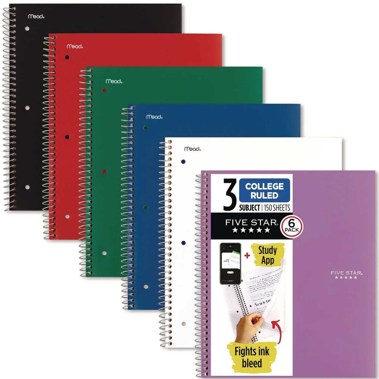 Five Star® Wirebound Notebook, 3-Subject, Medium/College Rule, Assorted Cover Colors, (150) 11 x 9.13 Sheets, 6/Pack