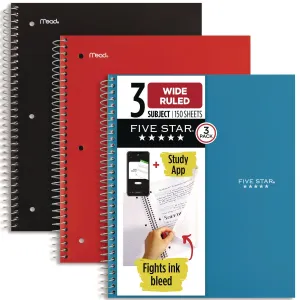 Five Star® Wirebound Notebook, 3-Subject, Wide/Legal Rule, Assorted Cover Color, (150) 10.5 x 8.63 Sheets, 3/Pack