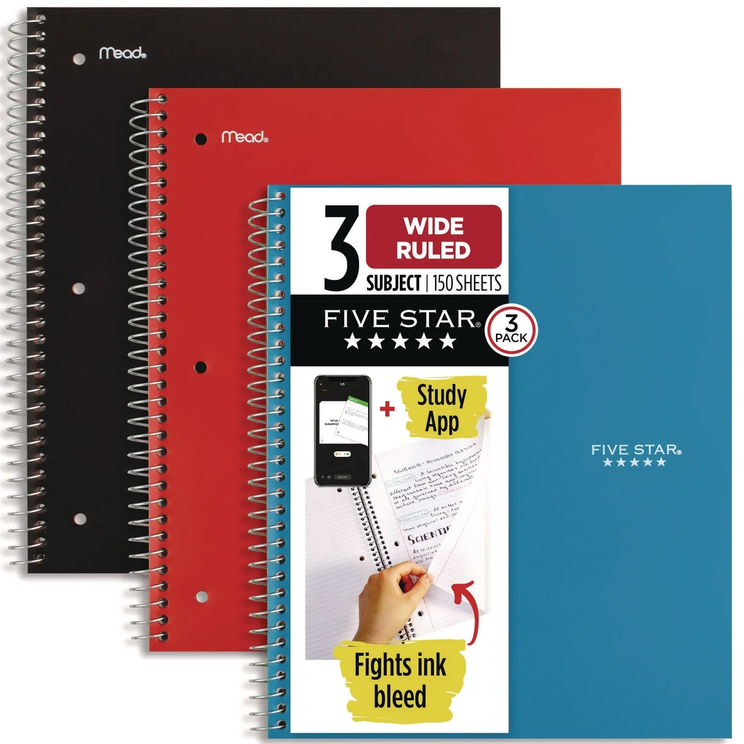 Five Star® Wirebound Notebook, 3-Subject, Wide/Legal Rule, Assorted Cover Color, (150) 10.5 x 8.63 Sheets, 3/Pack