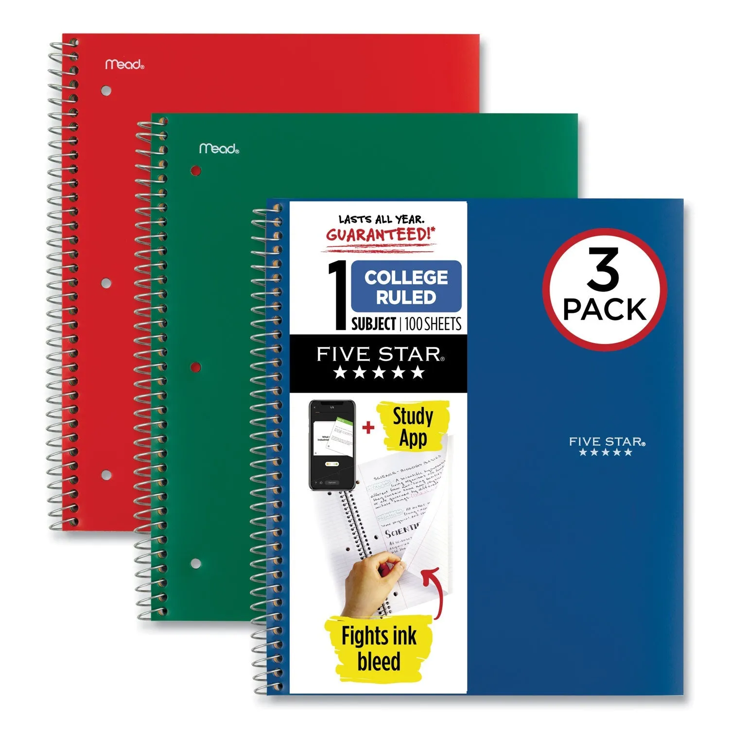Five Star® Wirebound Notebook with Two Pockets, 1-Subject, Med/College Rule, Asst Cover Color (Red/GN/BL), (100) 11 x 8.5 Sheets, 3/Pack