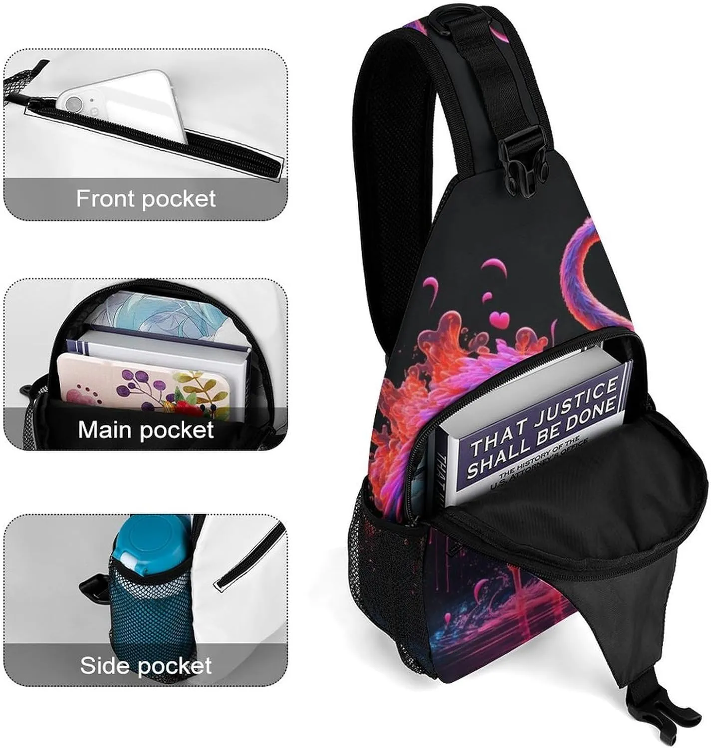 Flamingo-black Crossbody Sling Backpack, Shoulder Bag Chest Bag for Travel Sport Running, 38x20cm, Style
