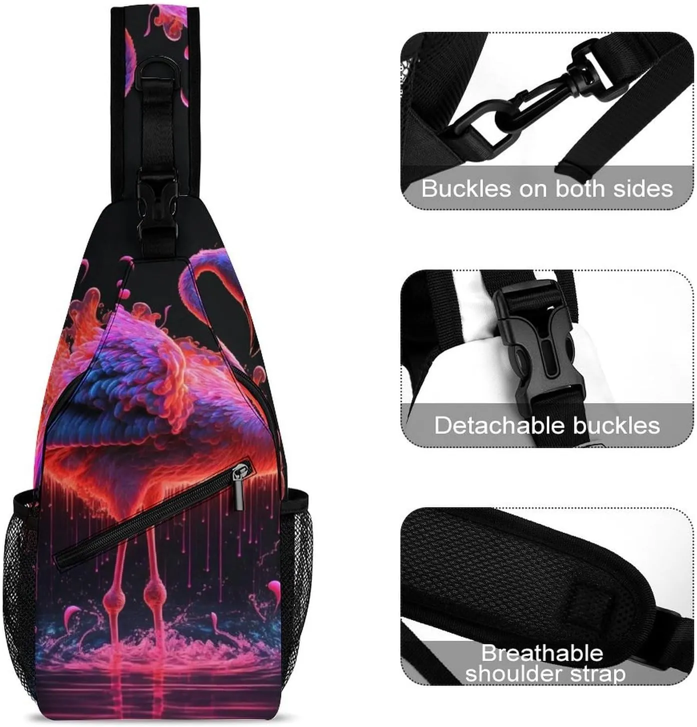 Flamingo-black Crossbody Sling Backpack, Shoulder Bag Chest Bag for Travel Sport Running, 38x20cm, Style