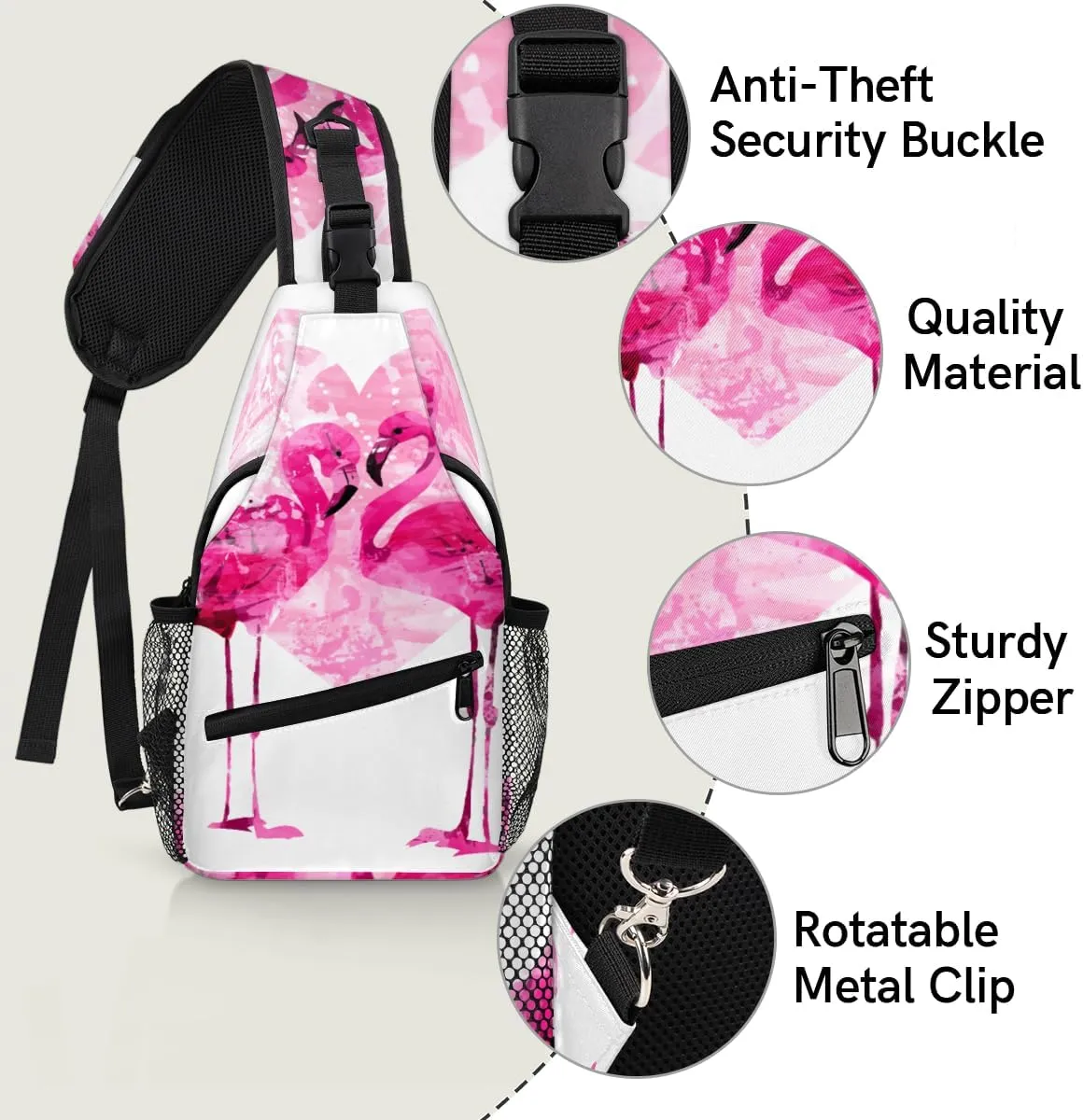 Flamingo Heart Sling Bag for Women Men Crossbody Sling Backpack Shoulder Bag Chest Bag Daypack for Travel Hiking Outdoor