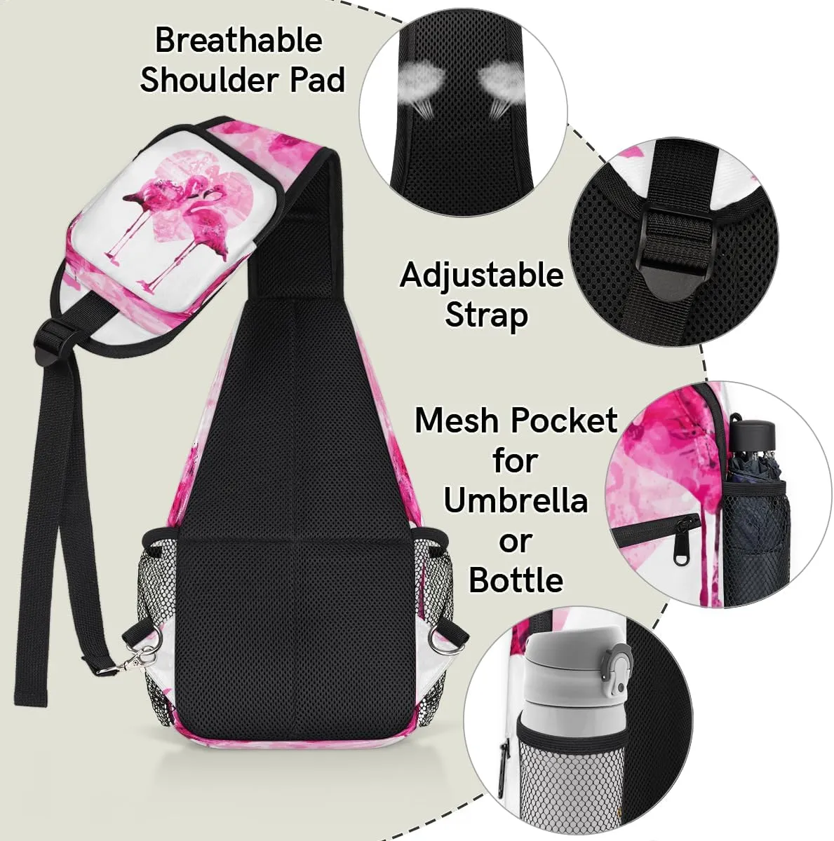 Flamingo Heart Sling Bag for Women Men Crossbody Sling Backpack Shoulder Bag Chest Bag Daypack for Travel Hiking Outdoor