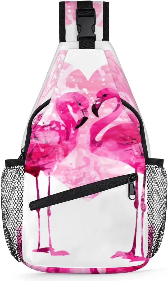 Flamingo Heart Sling Bag for Women Men Crossbody Sling Backpack Shoulder Bag Chest Bag Daypack for Travel Hiking Outdoor