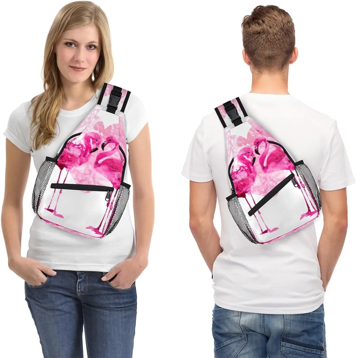 Flamingo Heart Sling Bag for Women Men Crossbody Sling Backpack Shoulder Bag Chest Bag Daypack for Travel Hiking Outdoor