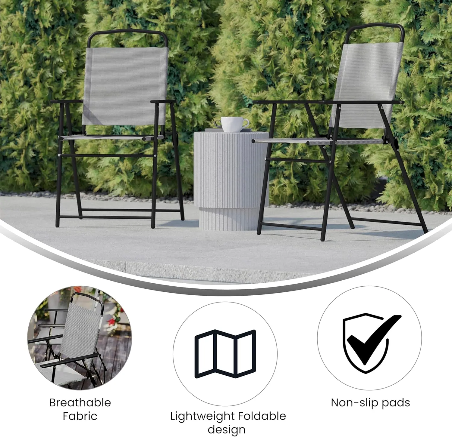 Flash Furniture Mystic Folding Patio Sling Chairs, Outdoor Textilene Lawn Chairs with Armrests, Set of 2, Gray
