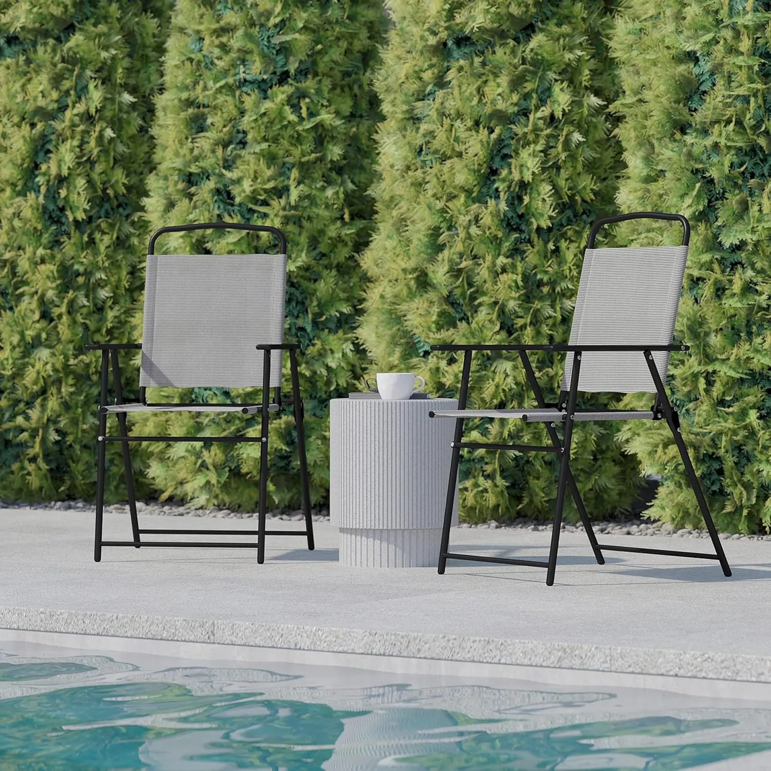 Flash Furniture Mystic Folding Patio Sling Chairs, Outdoor Textilene Lawn Chairs with Armrests, Set of 2, Gray