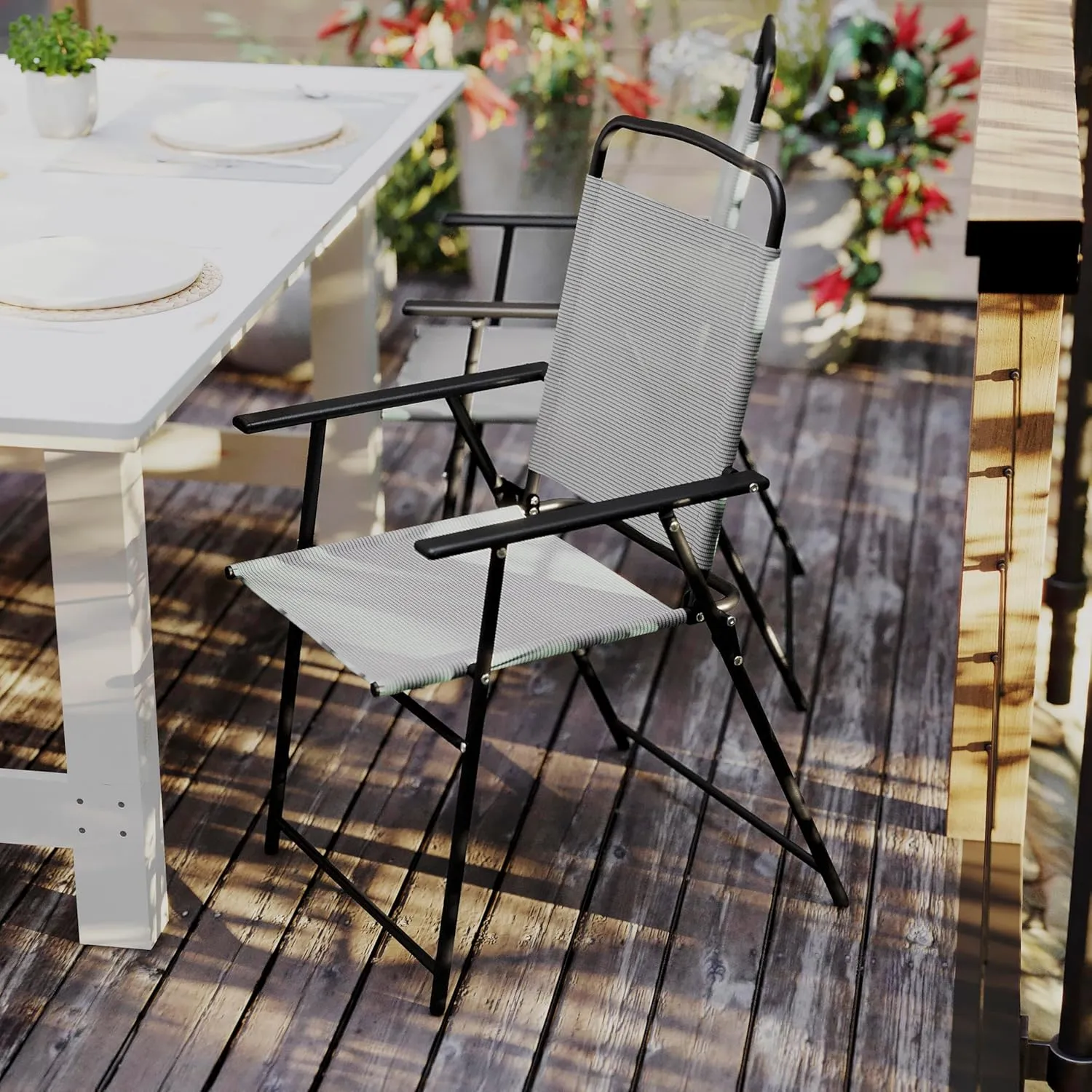 Flash Furniture Mystic Folding Patio Sling Chairs, Outdoor Textilene Lawn Chairs with Armrests, Set of 2, Gray