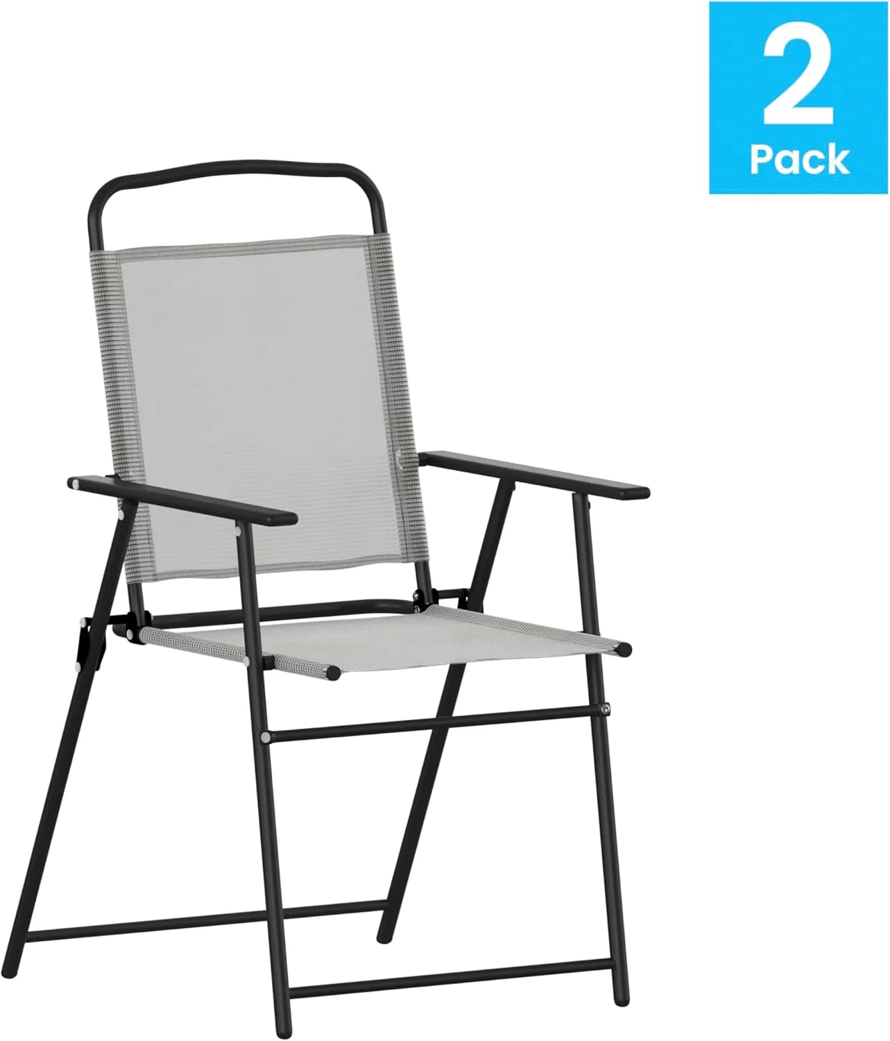 Flash Furniture Mystic Folding Patio Sling Chairs, Outdoor Textilene Lawn Chairs with Armrests, Set of 2, Gray