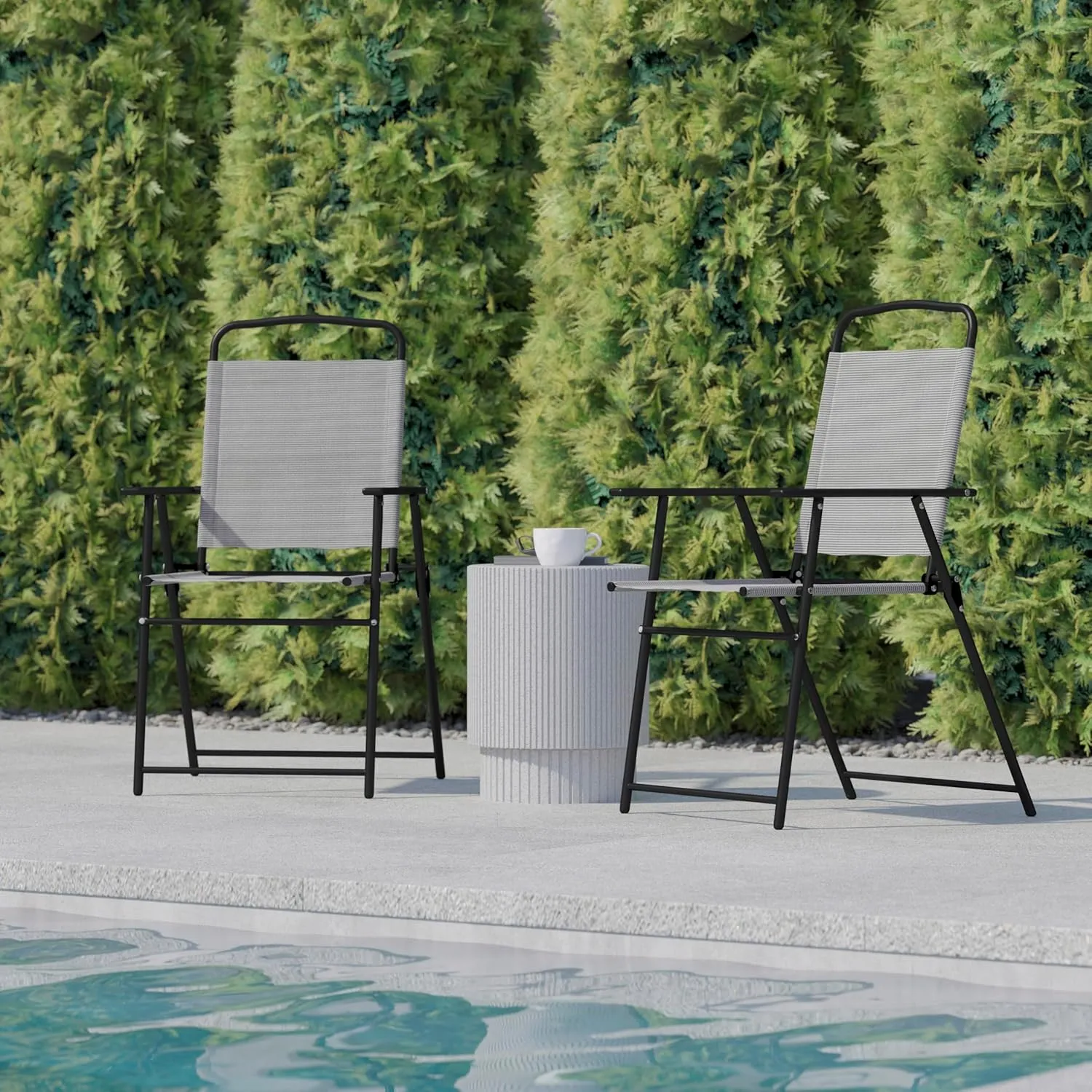 Flash Furniture Mystic Folding Patio Sling Chairs, Outdoor Textilene Lawn Chairs with Armrests, Set of 2, Gray