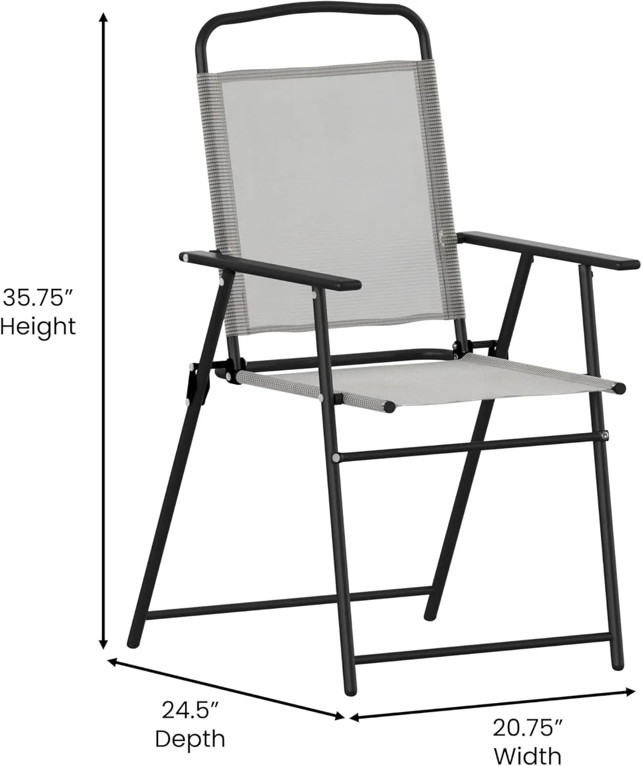 Flash Furniture Mystic Folding Patio Sling Chairs, Outdoor Textilene Lawn Chairs with Armrests, Set of 2, Gray