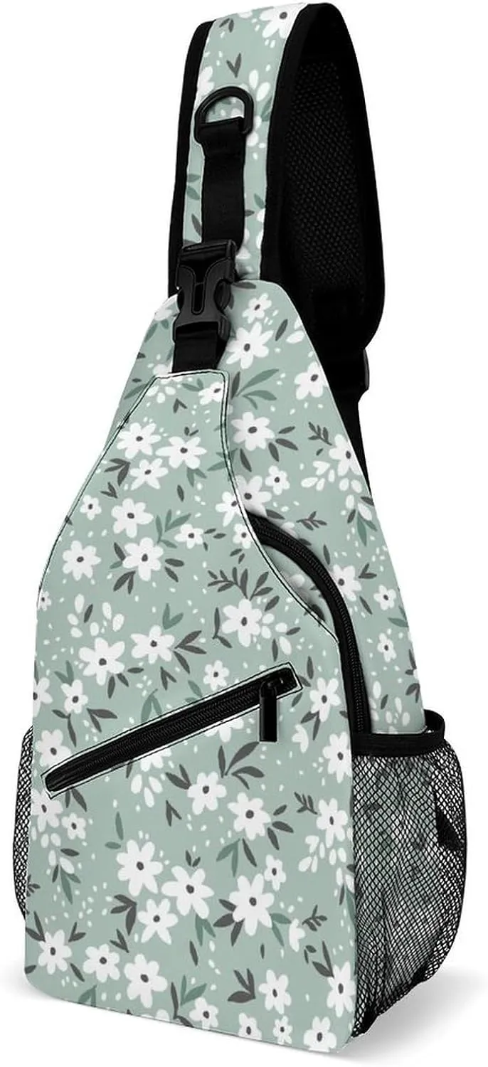 Flowers-light-blue-print Crossbody Sling Backpack, Shoulder Bag Chest Bag for Travel Sport Running, 38x20cm, Style-4