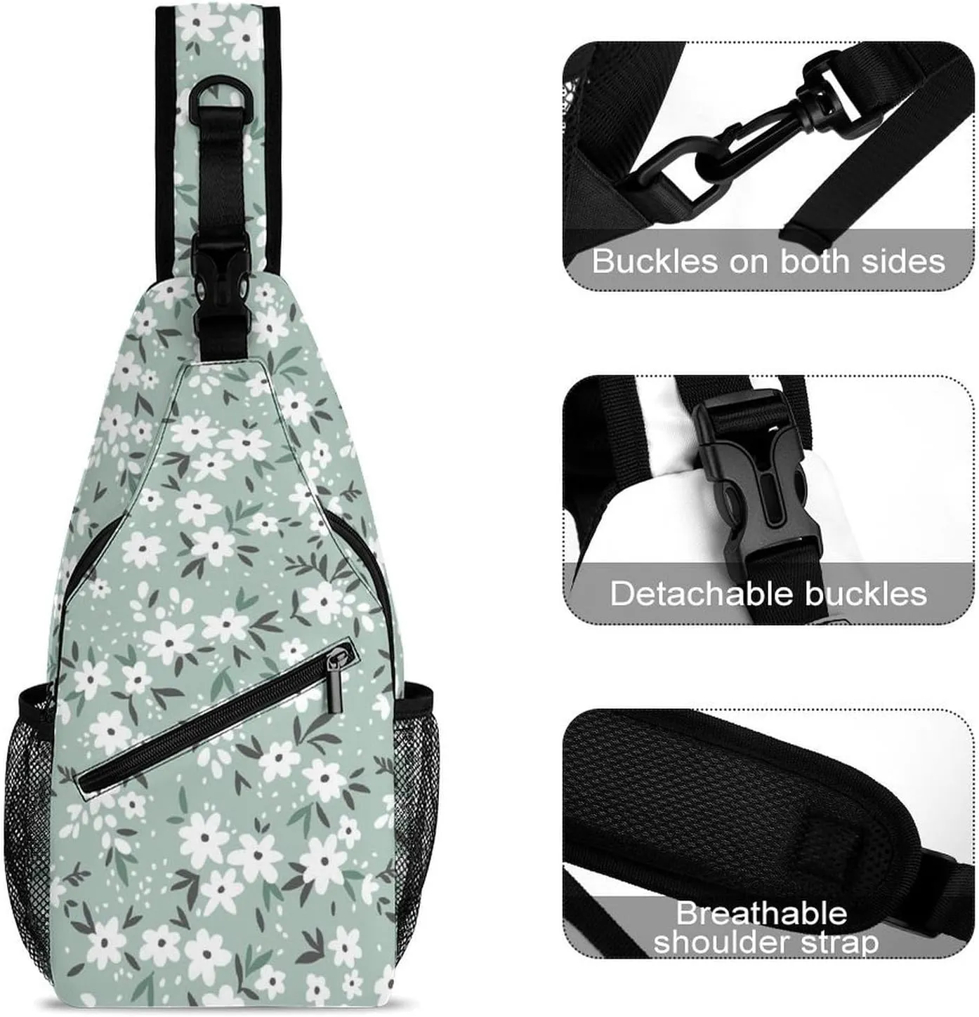 Flowers-light-blue-print Crossbody Sling Backpack, Shoulder Bag Chest Bag for Travel Sport Running, 38x20cm, Style-4