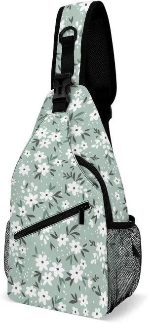 Flowers-light-blue-print Crossbody Sling Backpack, Shoulder Bag Chest Bag for Travel Sport Running, 38x20cm, Style-4