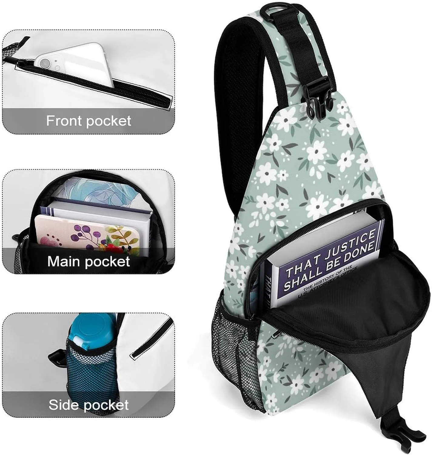 Flowers-light-blue-print Crossbody Sling Backpack, Shoulder Bag Chest Bag for Travel Sport Running, 38x20cm, Style-4