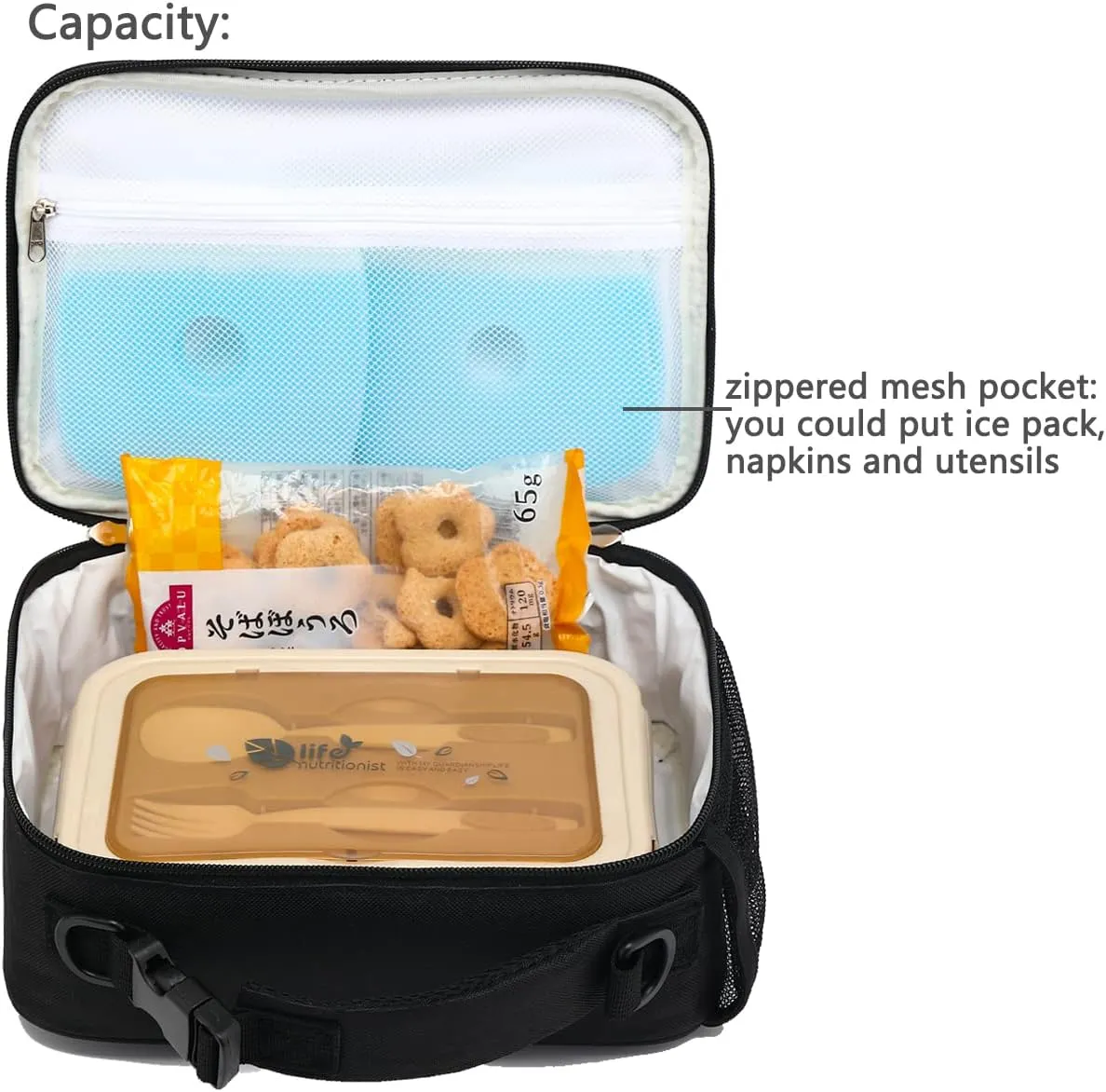 FlowFly Kids Lunch Bag, Durable Insulated School Lunch Box with Shoulder Strap and Bottle Holder, Water-resistant Thermal Small Lunch Cooler Tote for Teen Boys & Girls,Black