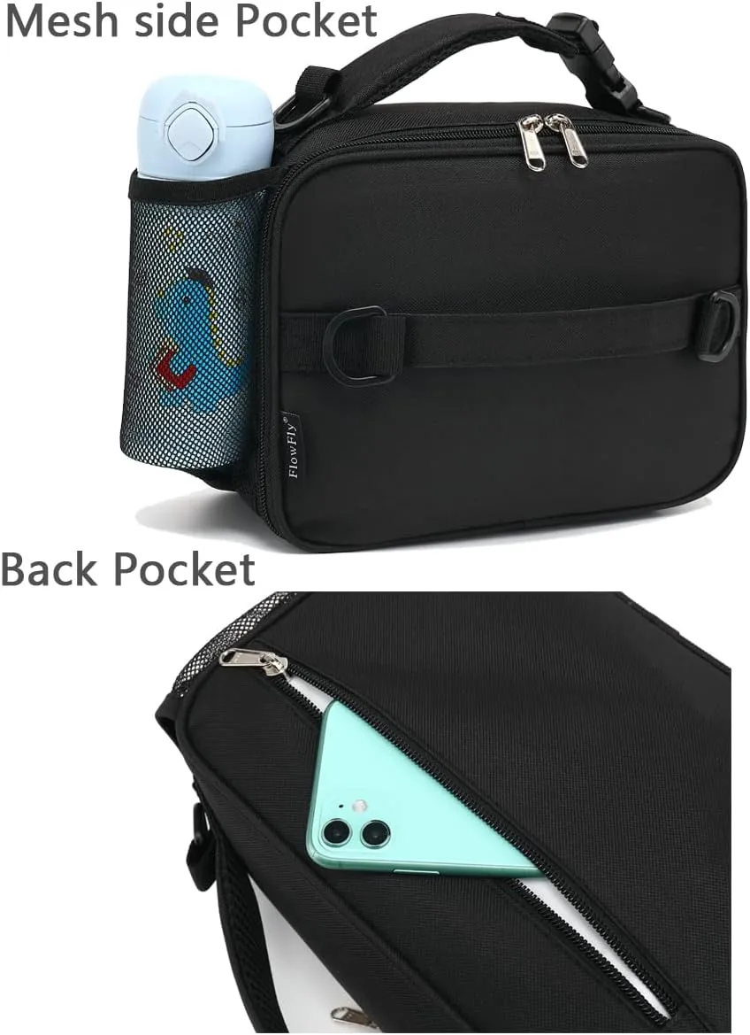 FlowFly Kids Lunch Bag, Durable Insulated School Lunch Box with Shoulder Strap and Bottle Holder, Water-resistant Thermal Small Lunch Cooler Tote for Teen Boys & Girls,Black