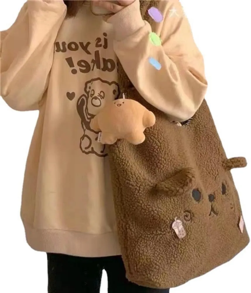 Fluffy Tote Bag Ladies Kawaii Shoulder Bag Women Furry Bears Tote Bag Plush Handbag Women Cute Crossbody Bag for Women