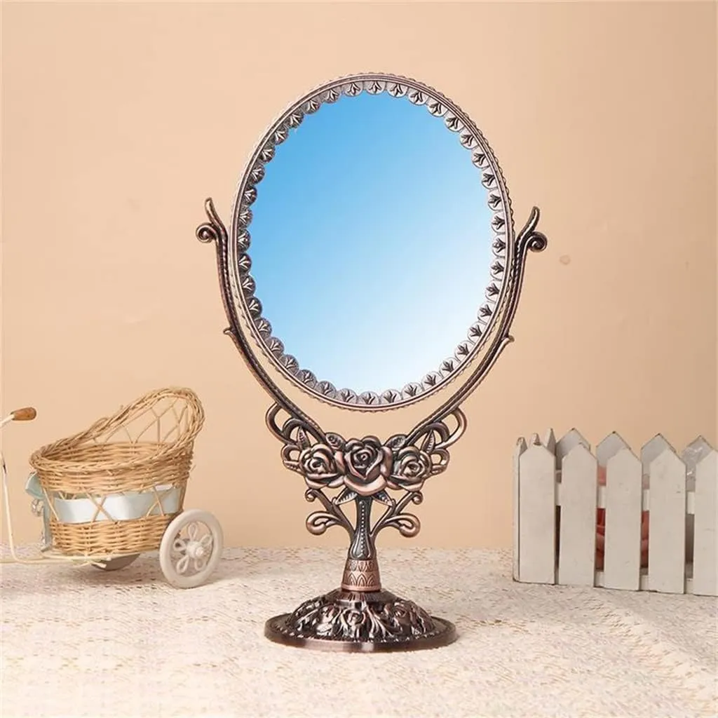 FMURY European Retro Desktop Double-Sided Makeup Mirrors Large Metal Desktop Vanity Mirrors with Enlarged Beauty Mirrors