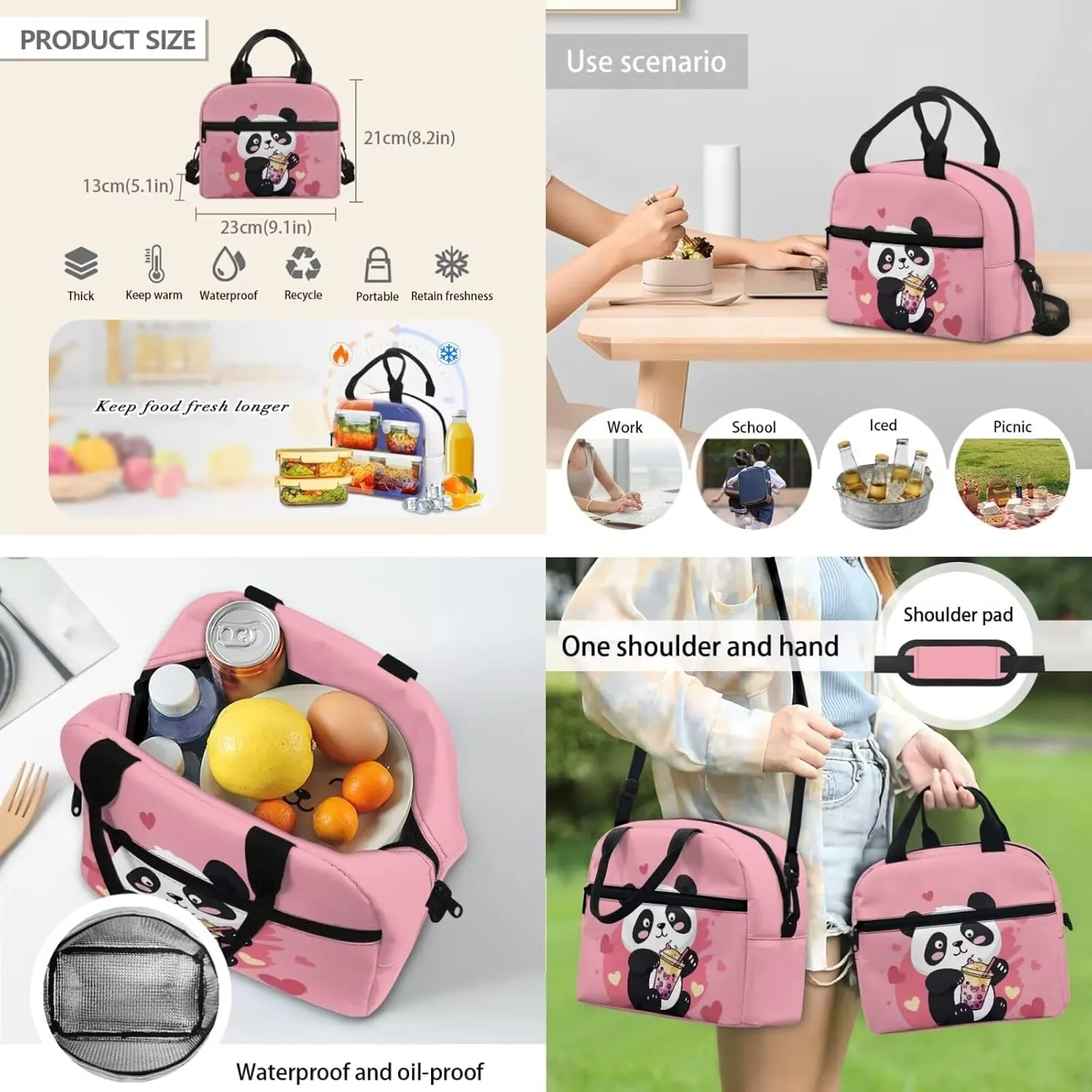 FOR U DESIGNS Panda Backpack for Girls 17 Inch Lightweight Large Capacity School Bag and Lunch Bag 3-Piece Set Kawaii Girls Bookbags Set Ages 8-12 Travel Rucksack
