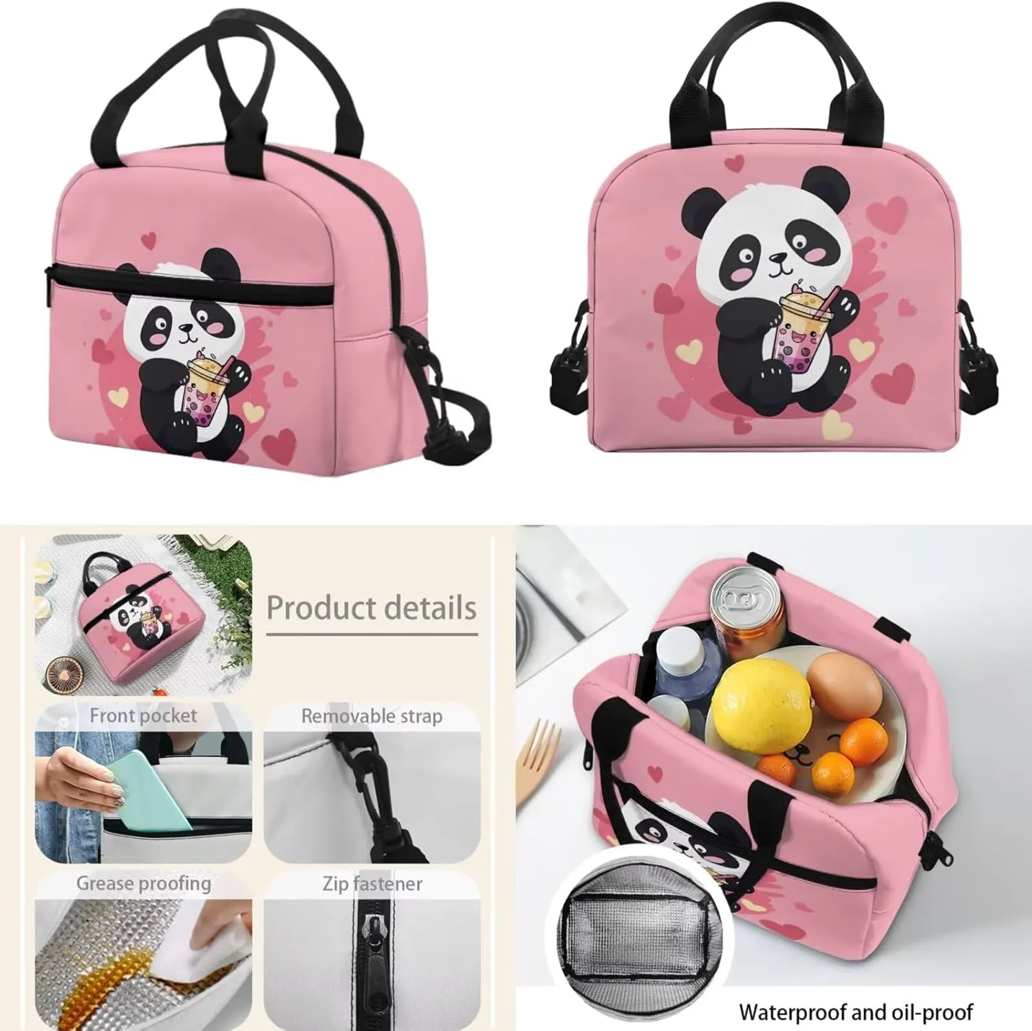 FOR U DESIGNS Panda Backpack for Girls 17 Inch Lightweight Large Capacity School Bag and Lunch Bag 3-Piece Set Kawaii Girls Bookbags Set Ages 8-12 Travel Rucksack