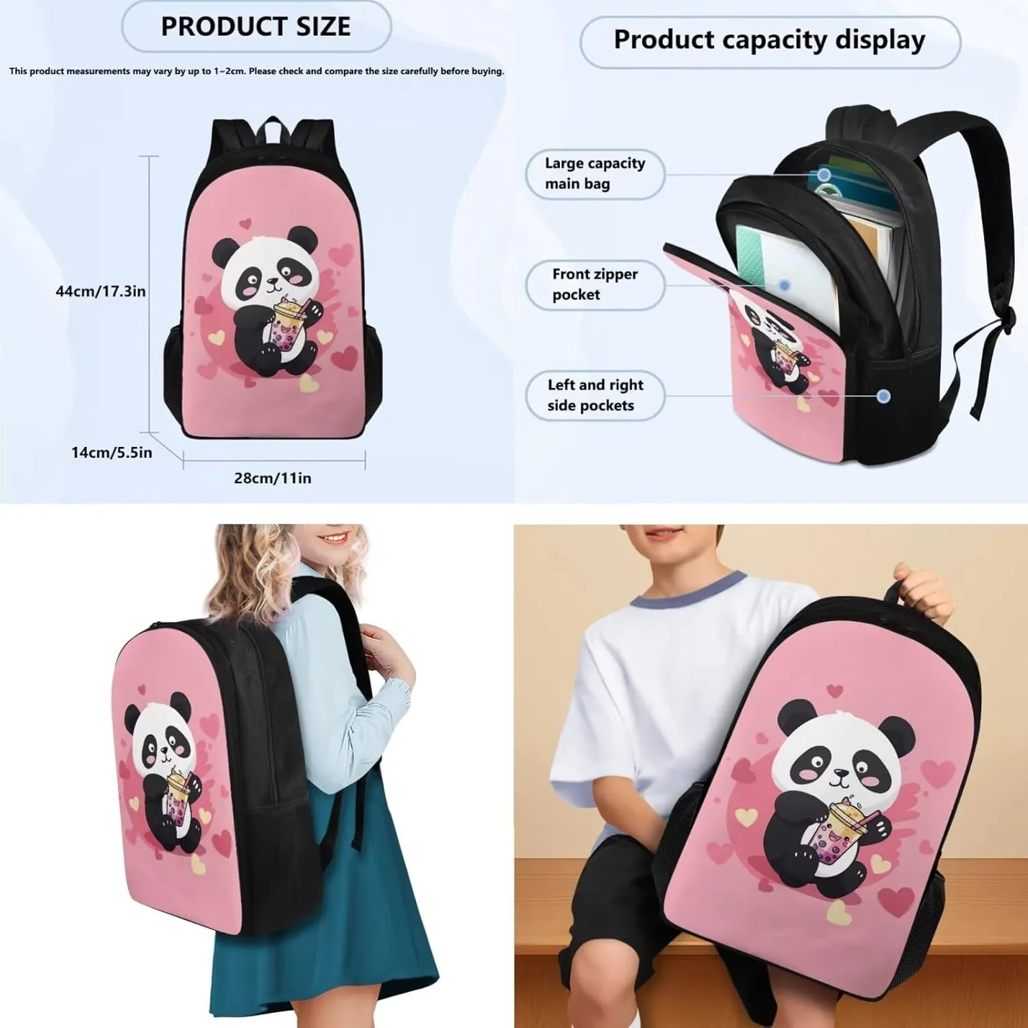 FOR U DESIGNS Panda Backpack for Girls 17 Inch Lightweight Large Capacity School Bag and Lunch Bag 3-Piece Set Kawaii Girls Bookbags Set Ages 8-12 Travel Rucksack