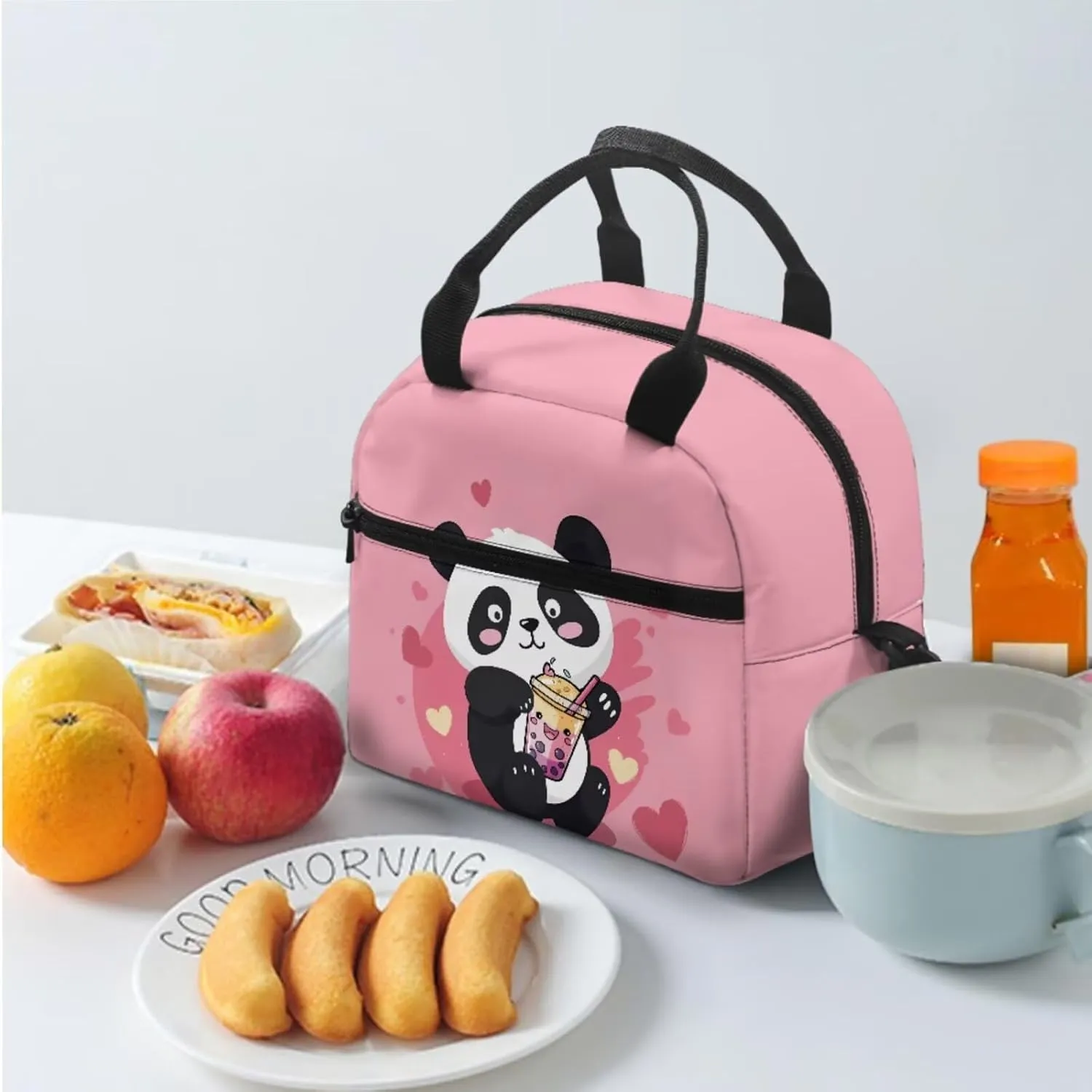 FOR U DESIGNS Panda Backpack for Girls 17 Inch Lightweight Large Capacity School Bag and Lunch Bag 3-Piece Set Kawaii Girls Bookbags Set Ages 8-12 Travel Rucksack
