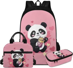 FOR U DESIGNS Panda Backpack for Girls 17 Inch Lightweight Large Capacity School Bag and Lunch Bag 3-Piece Set Kawaii Girls Bookbags Set Ages 8-12 Travel Rucksack
