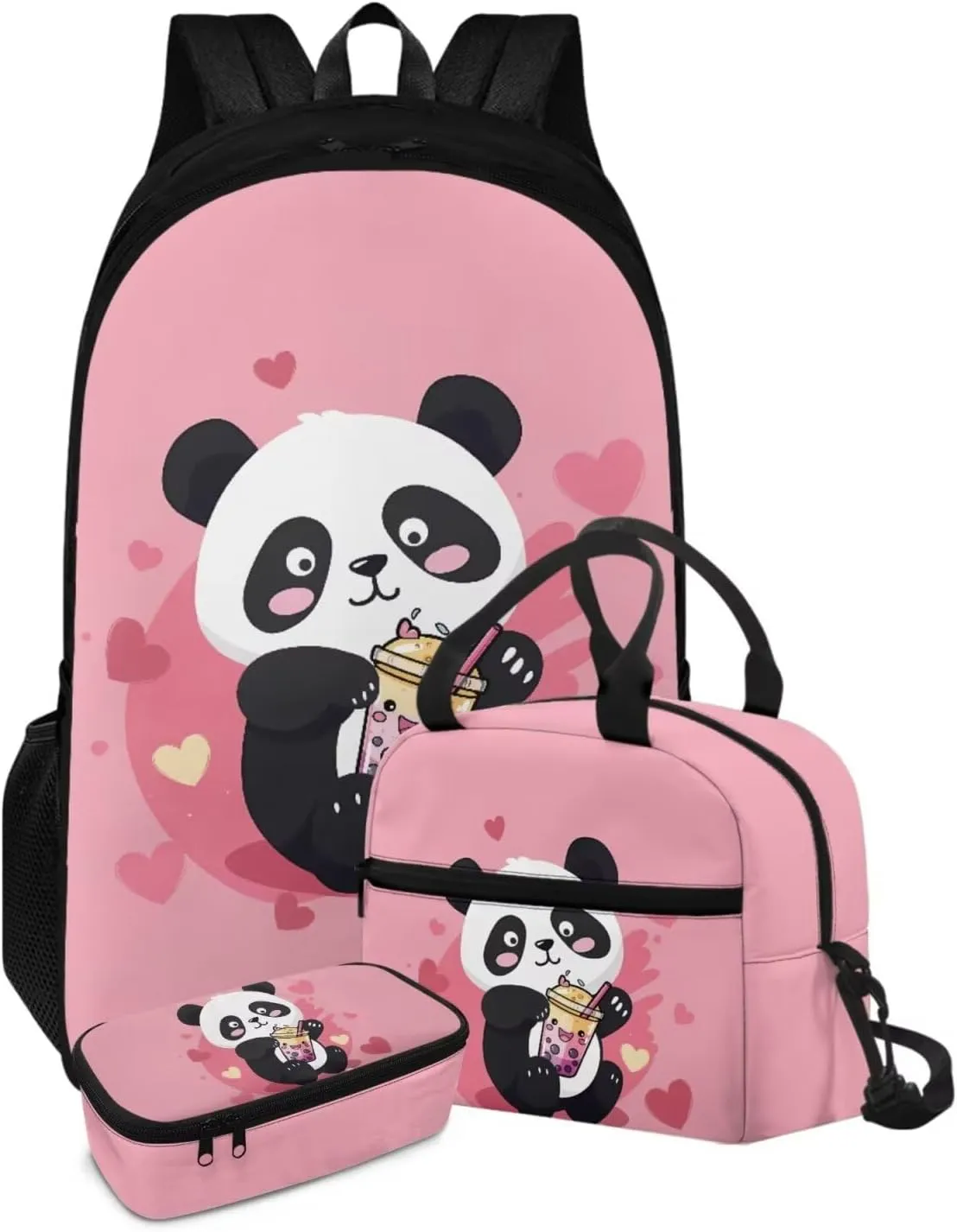 FOR U DESIGNS Panda Backpack for Girls 17 Inch Lightweight Large Capacity School Bag and Lunch Bag 3-Piece Set Kawaii Girls Bookbags Set Ages 8-12 Travel Rucksack