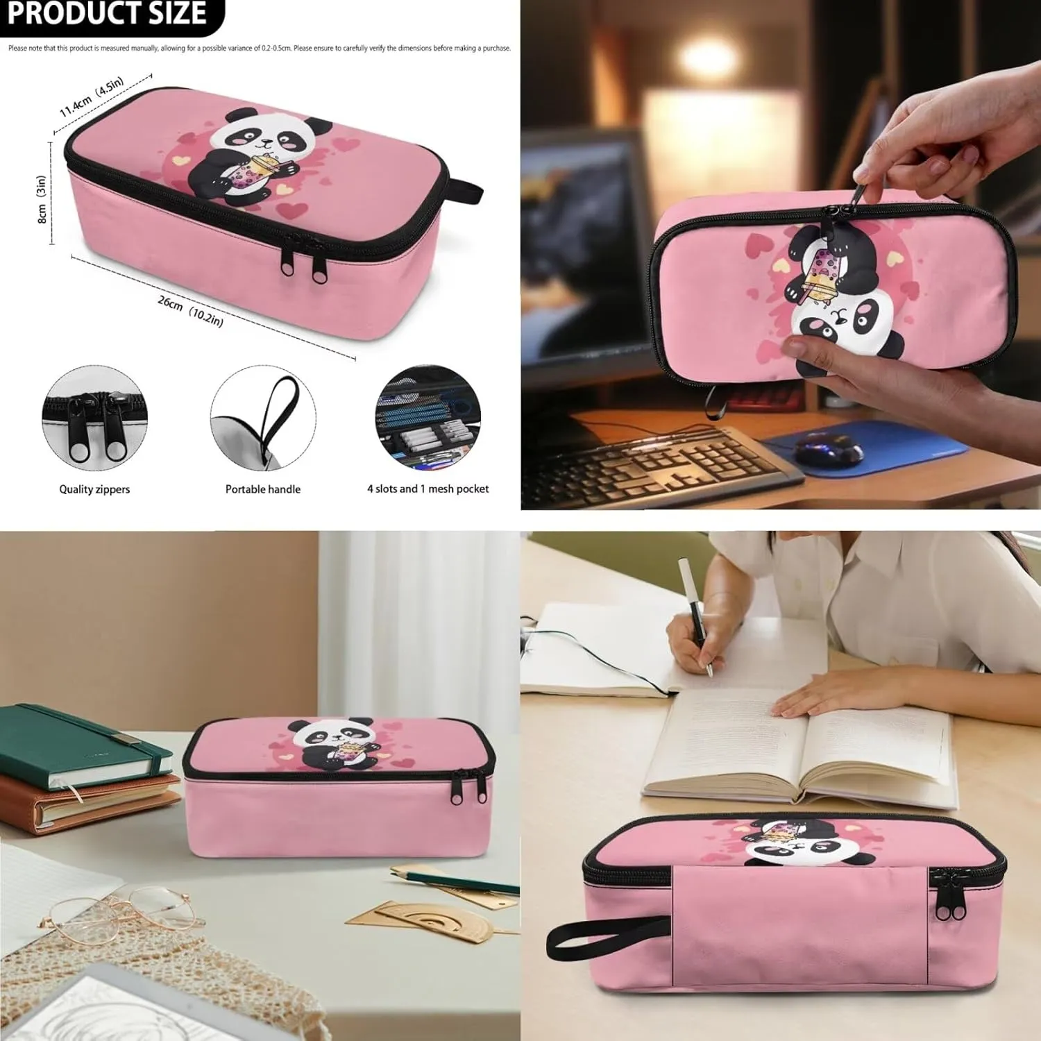 FOR U DESIGNS Panda Backpack for Girls 17 Inch Lightweight Large Capacity School Bag and Lunch Bag 3-Piece Set Kawaii Girls Bookbags Set Ages 8-12 Travel Rucksack