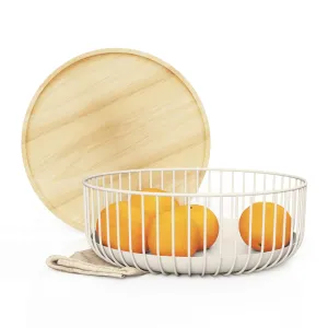 Fruit Basket With Wooden Bamboo Lid - Fruit Storage Holder Bowl