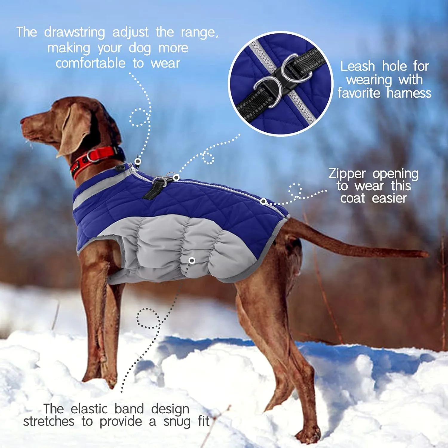 FUAMEY Dog Coat, Winter, Blue, XXX-Large, Polyester, Waterproof, Fleece, Built-in Harness, Reflective, Zipper Closure, Turtle Neck, Large Dog Breed, All Breed Sizes, All Life Stages