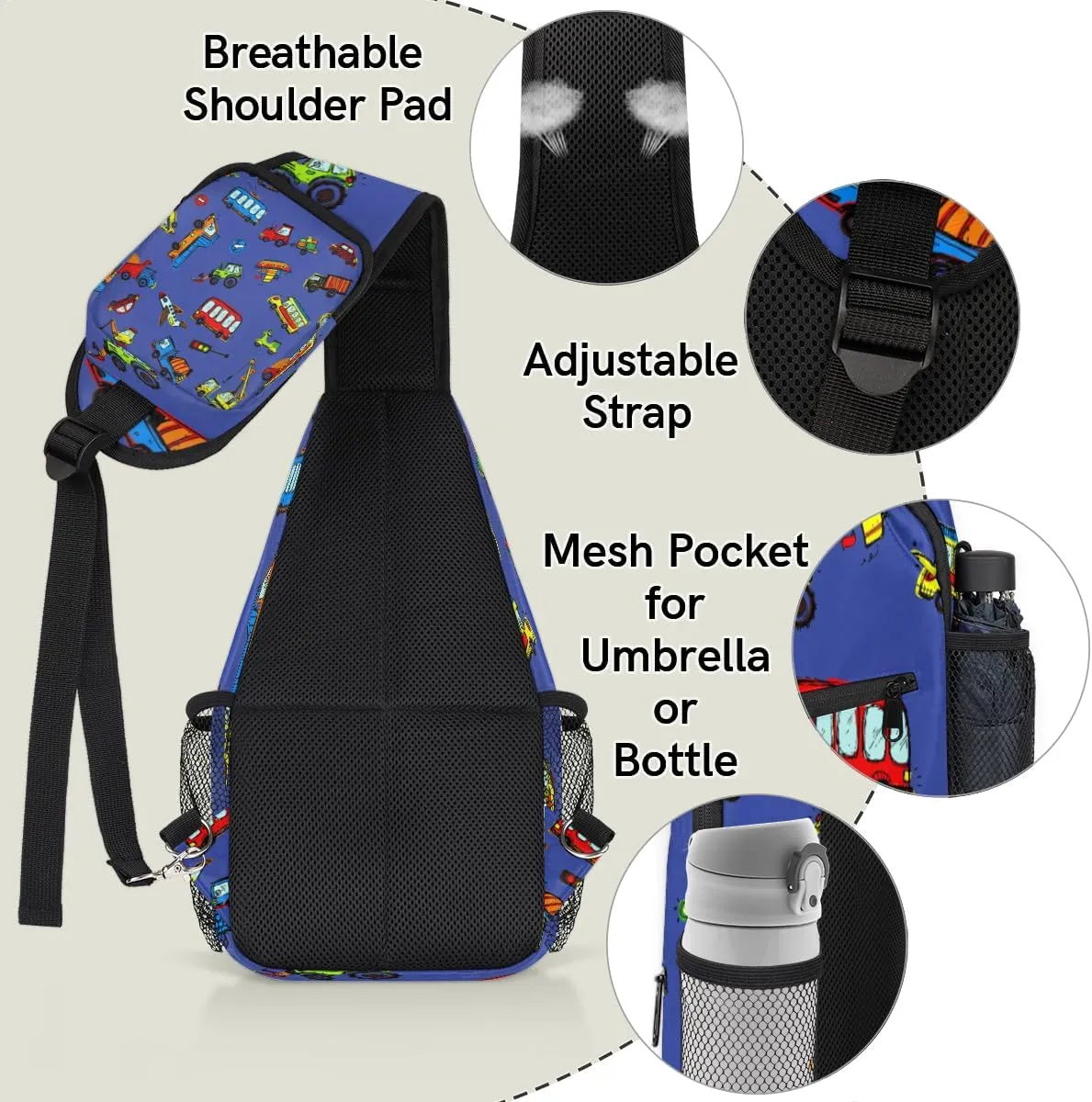 Funny Cars Sling Bag for Women Men Crossbody Sling Backpack Shoulder Bag Chest Bag Daypack for Travel Hiking Outdoor