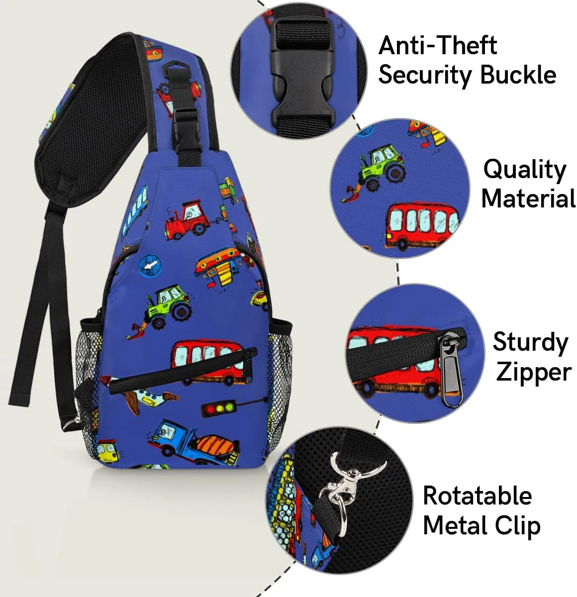 Funny Cars Sling Bag for Women Men Crossbody Sling Backpack Shoulder Bag Chest Bag Daypack for Travel Hiking Outdoor