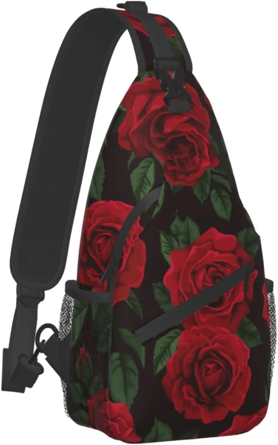 Fylybois Red Rose Flower Sling Bag for Men Women Crossbody Chest Backpack Lightweight Daypack Fashion Shoulder Bags for Travel Hiking Biking Climbing Runner