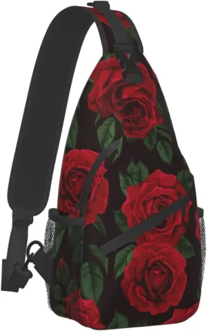 Fylybois Red Rose Flower Sling Bag for Men Women Crossbody Chest Backpack Lightweight Daypack Fashion Shoulder Bags for Travel Hiking Biking Climbing Runner